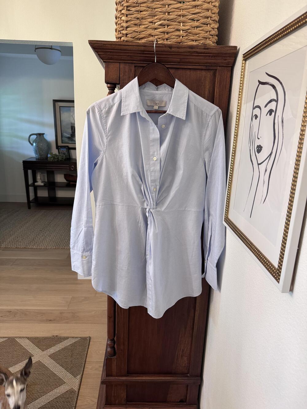 LOFT Shirt Womens 8 Blue Long Sleeve Button Front Twist Waist Tunic Cotton